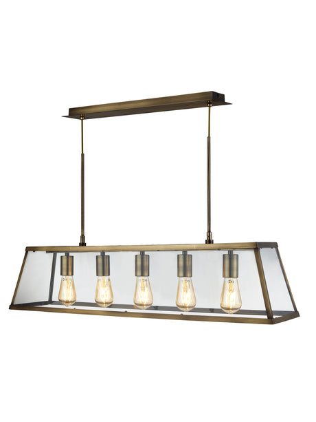 Voyager  5Lt Bar Pendant - Antique Brass Metal & Glass