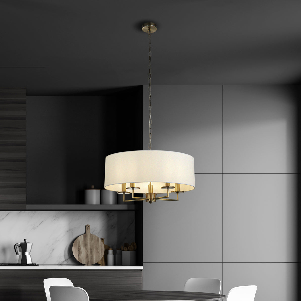 Searchlight Electric Knightsbridge 5Lt Pendant- Antique Brass & White Linen Shade 4785-5AB