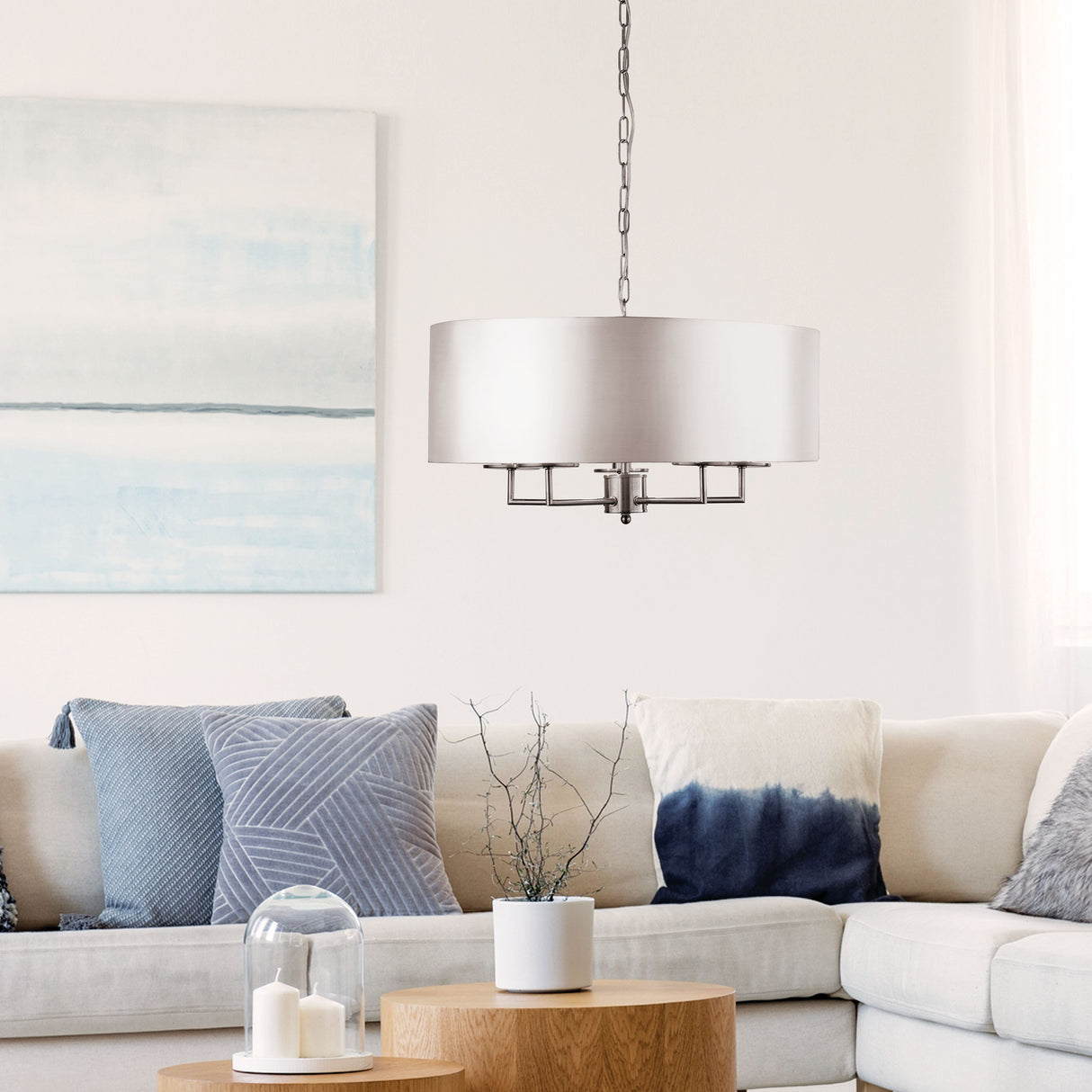 Searchlight Electric Knightsbridge 5Lt Pendant -  Satin Silver & Faux Silk Shade 4785-5SS