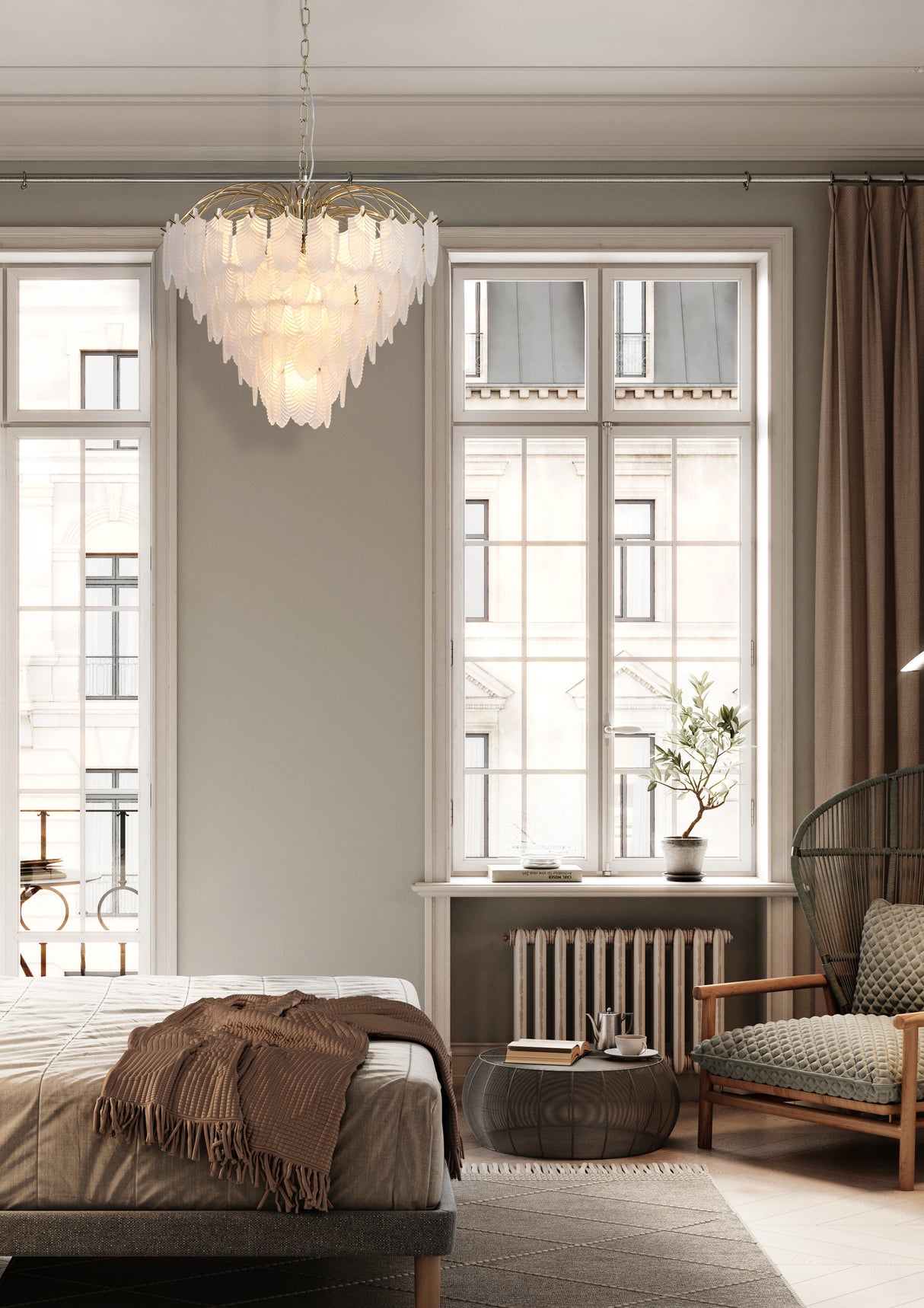 Searchlight Electric Feather 6Lt Pendant, Polished Brass with Frosted Glass 48970-6SB