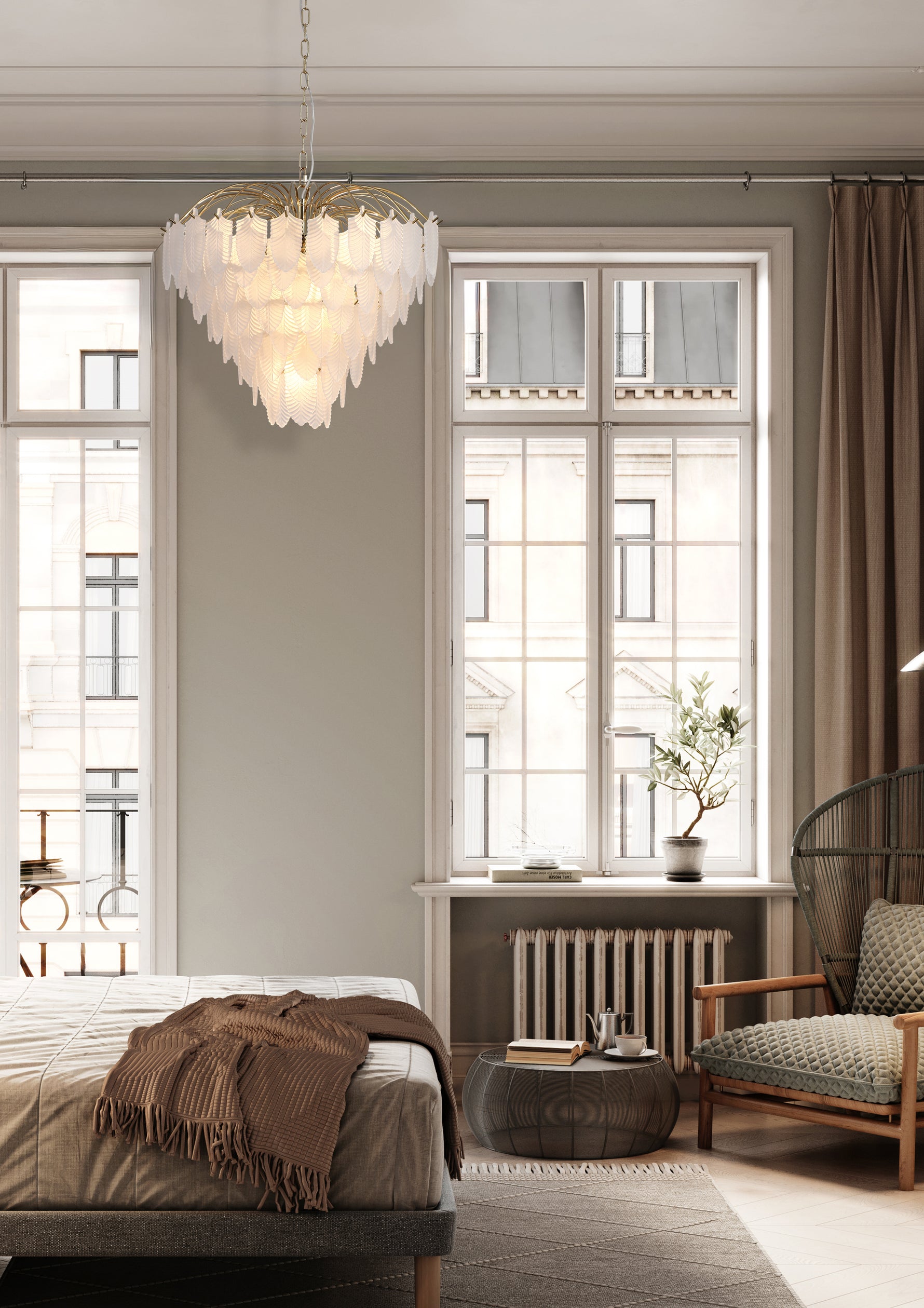 Searchlight Electric Feather 6Lt Pendant, Polished Brass with Frosted Glass 48970-6SB