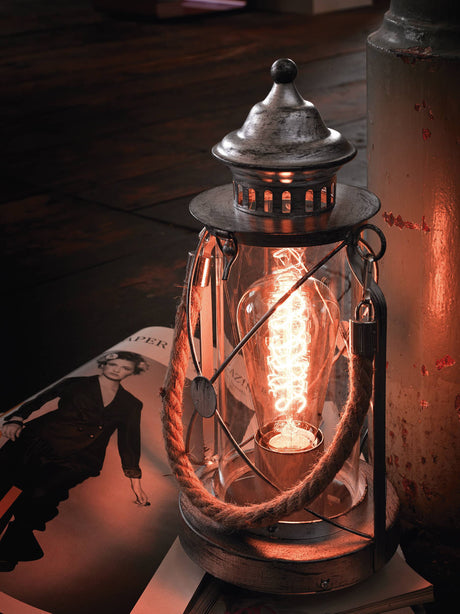 Eglo EU BRADFORD Table Lamp – Vintage Antique Silver Steel with Clear Glass, E27, Inline Switch