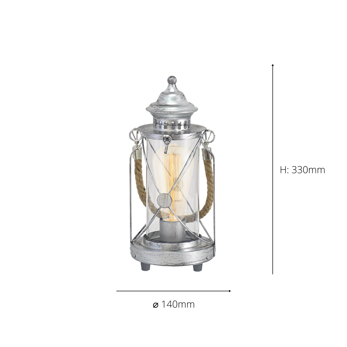 Eglo EU BRADFORD Table Lamp – Vintage Antique Silver Steel with Clear Glass, E27, Inline Switch