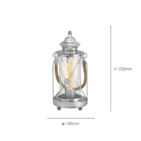 Eglo EU BRADFORD Table Lamp – Vintage Antique Silver Steel with Clear Glass, E27, Inline Switch