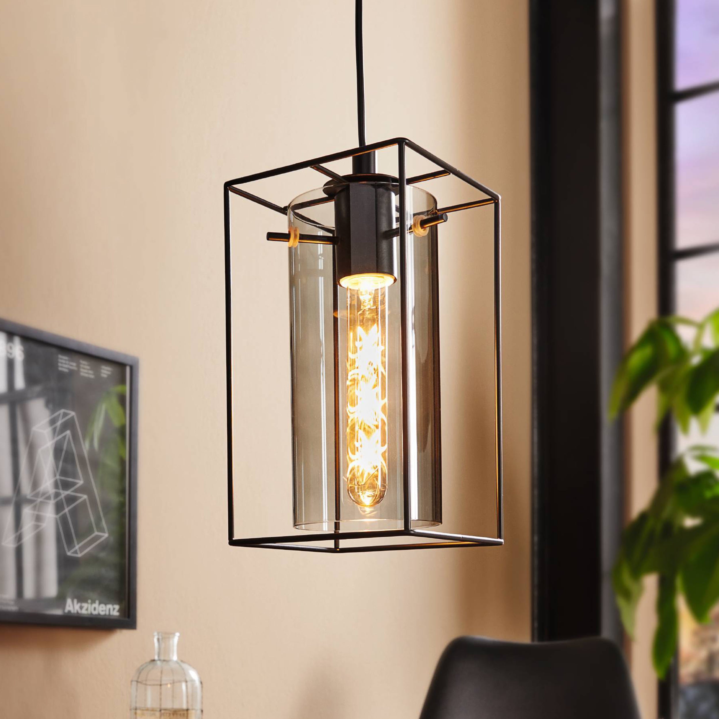 Eglo EU LONCINO Pendant Ceiling Light – Vintage Black Steel with Smoked Glass, E27, Height Adjustable