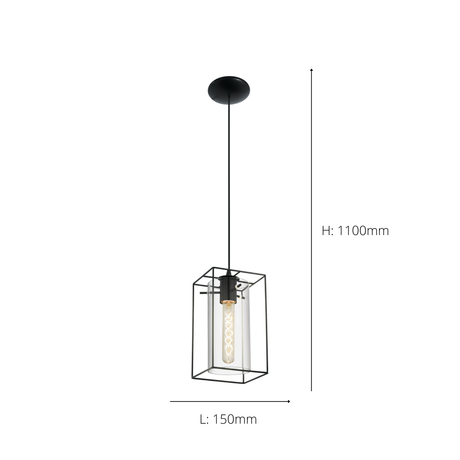 Eglo EU LONCINO Pendant Ceiling Light – Vintage Black Steel with Smoked Glass, E27, Height Adjustable