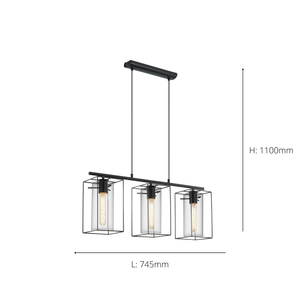 Eglo EU Loncino Smoke And Black Glass And Metal 3 Light Ceiling Fitting, (D) 74.5cm