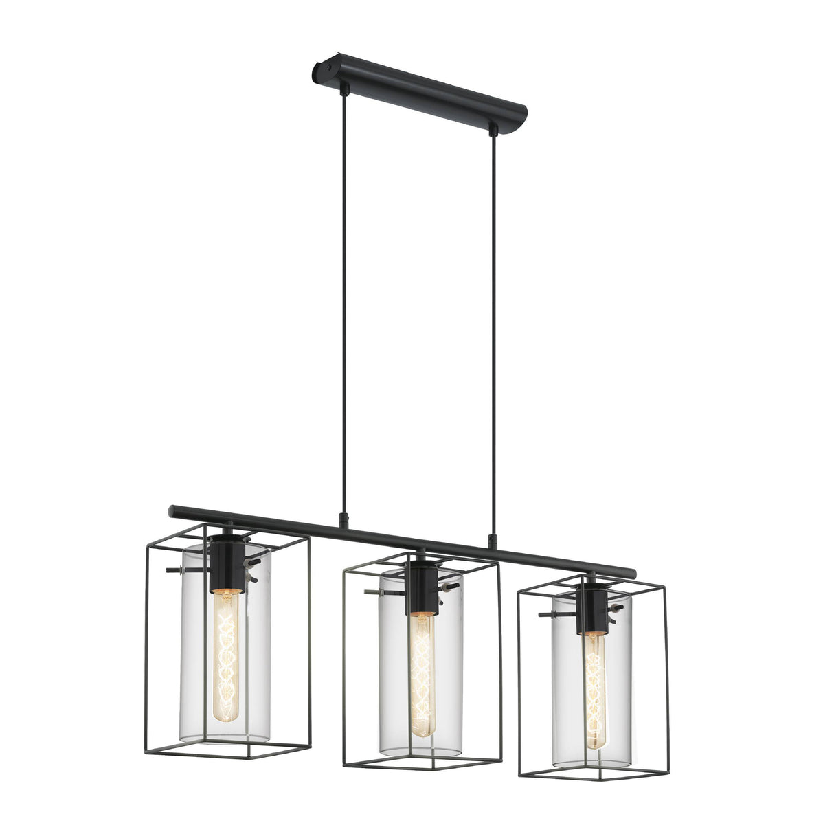 Eglo EU Loncino Smoke And Black Glass And Metal 3 Light Ceiling Fitting, (D) 74.5cm