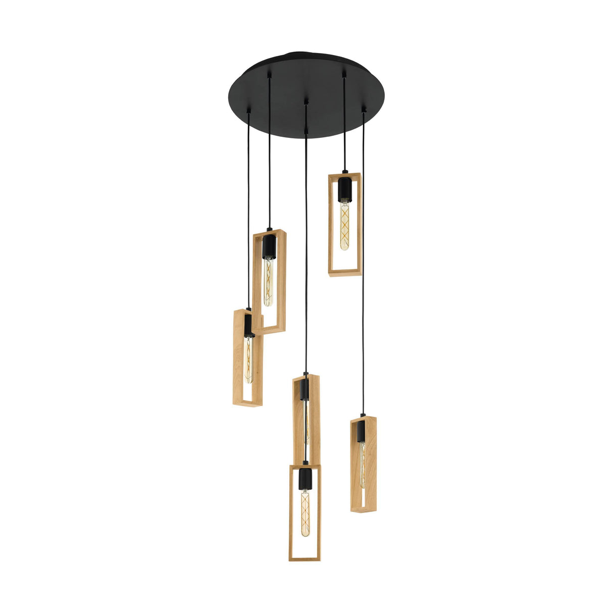 Eglo EU LITTLETON 6-Light Pendant Light – 60W, Vintage Black Steel & Wood Design, E27 Fitting, 500mm Indoor Pendant