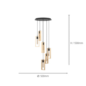 Eglo EU LITTLETON 6-Light Pendant Light – 60W, Vintage Black Steel & Wood Design, E27 Fitting, 500mm Indoor Pendant