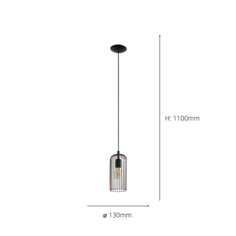Eglo EU Roccamena Black And Copper Metal 1 Light Ceiling Pendant, (D) 13cm