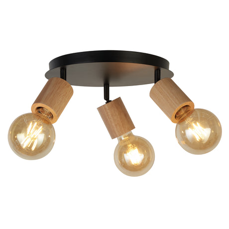Spinny 3Lt Round Spotlight - Wood & Matt Black Metal