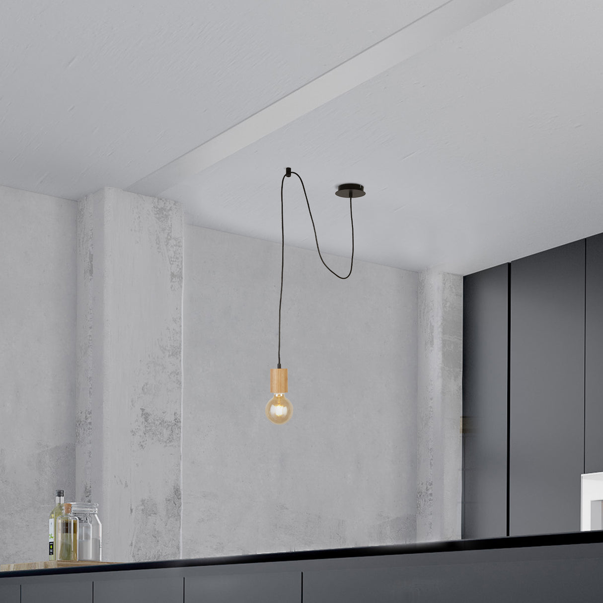 Searchlight Electric Spinny Pendant - Wood & Matt Black Metal 50212-1NA