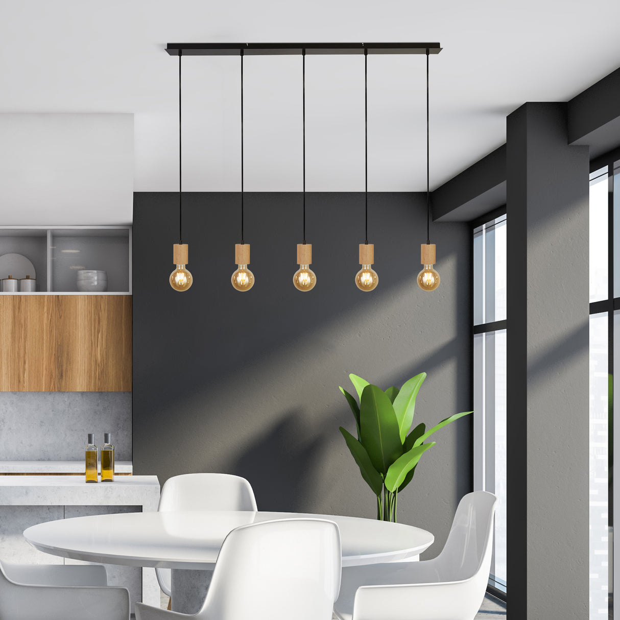 Searchlight Electric Spinny 5Lt Bar Pendant - Wood & Matt Black Metal 50212-5NA