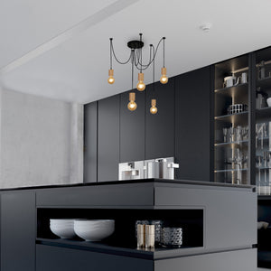 Searchlight Electric Spinny 5Lt Pendant - Wood & Matt Black Metal 50213-5NA