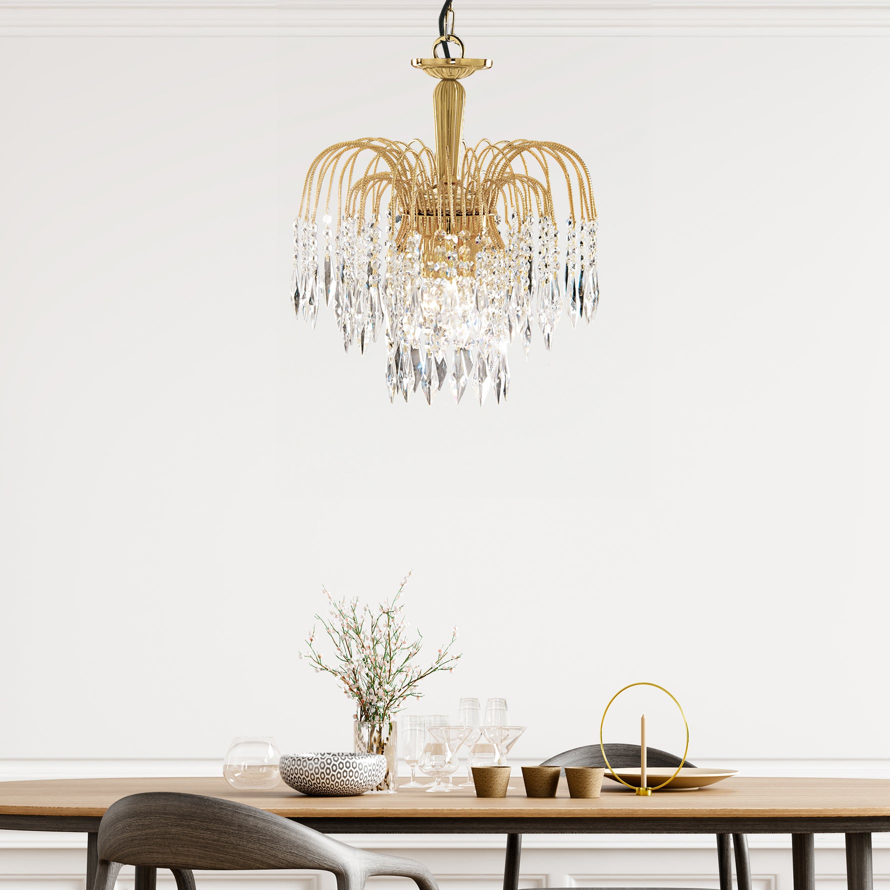Searchlight Electric Waterfall 3Lt Pendant - Gold Metal & Crystal 5173-3