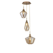 Mia 3Lt Multi-Drop Pendant - Antique Brass Metal,Amber Glass