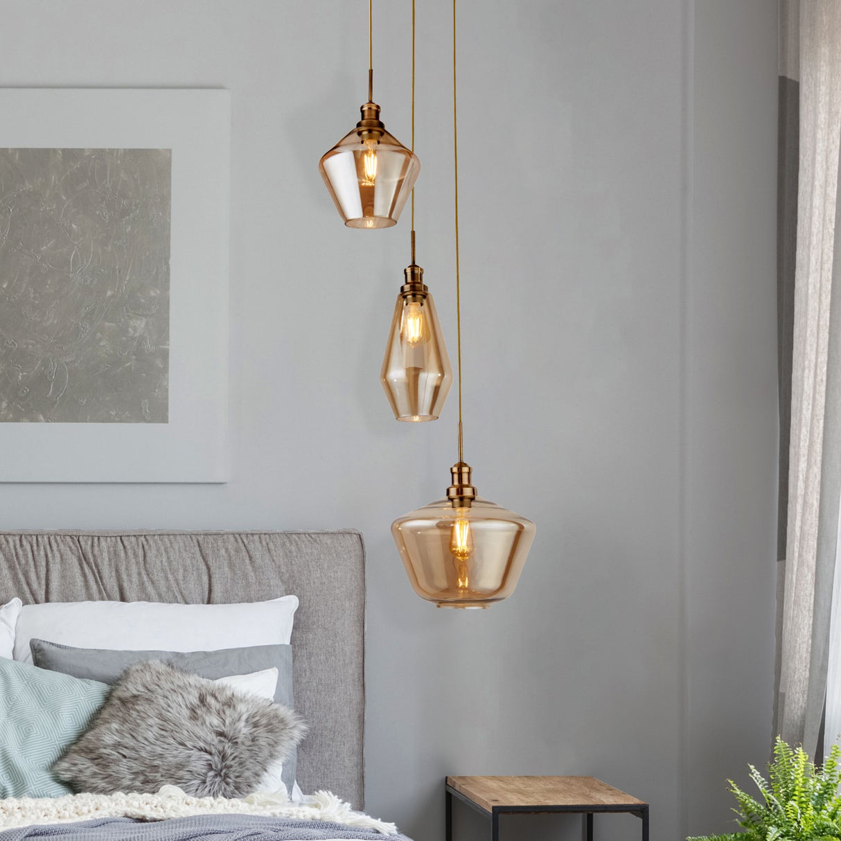 Searchlight Electric Mia 3Lt Multi-Drop Pendant - Antique Brass Metal,Amber Glass 5423-3AB