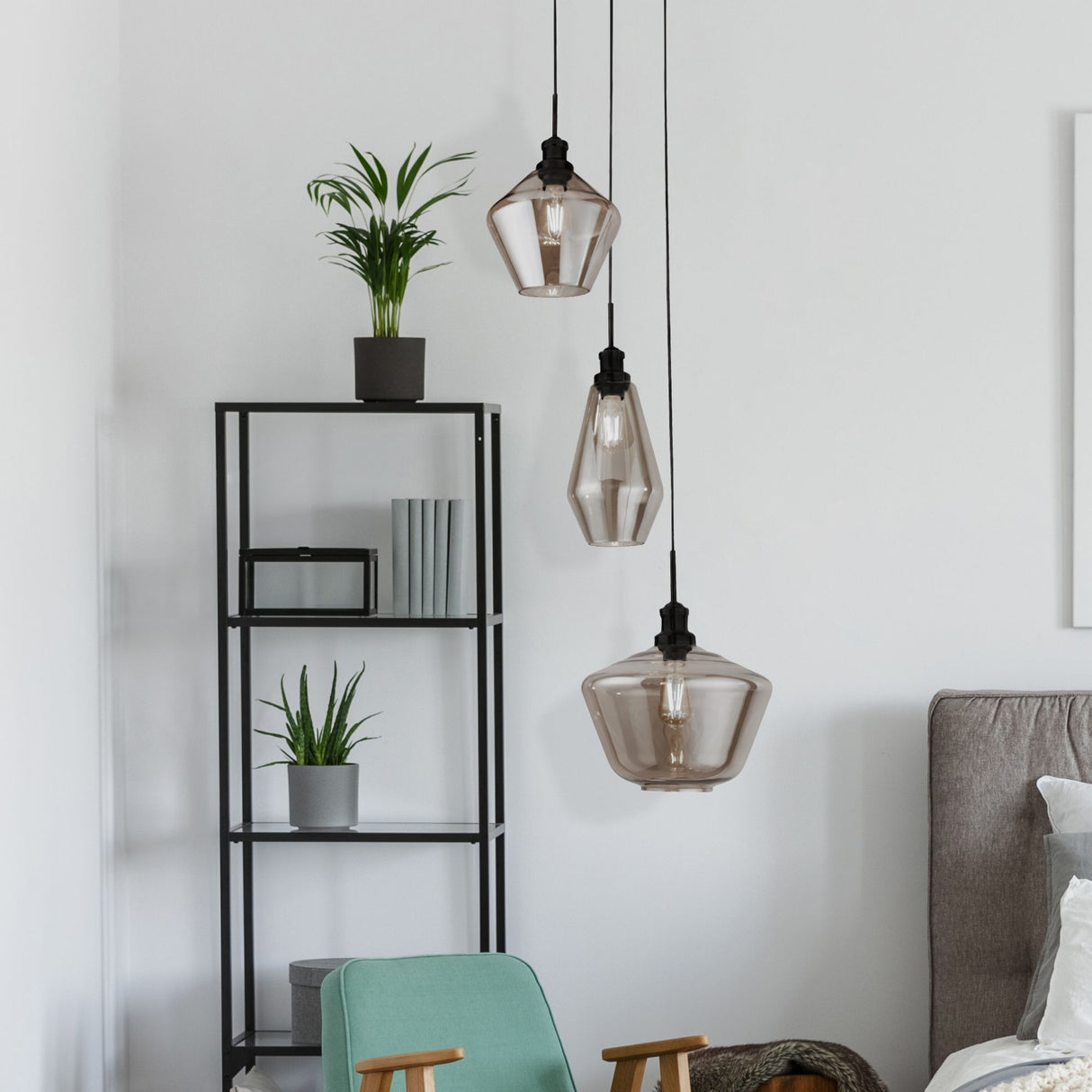 Searchlight Electric Mia 3Lt Multi-Drop Pendant  - Black Metal & Smoked Glass 5423-3BK