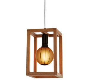 Square  Pendant  - Natural Wood & Black Metal