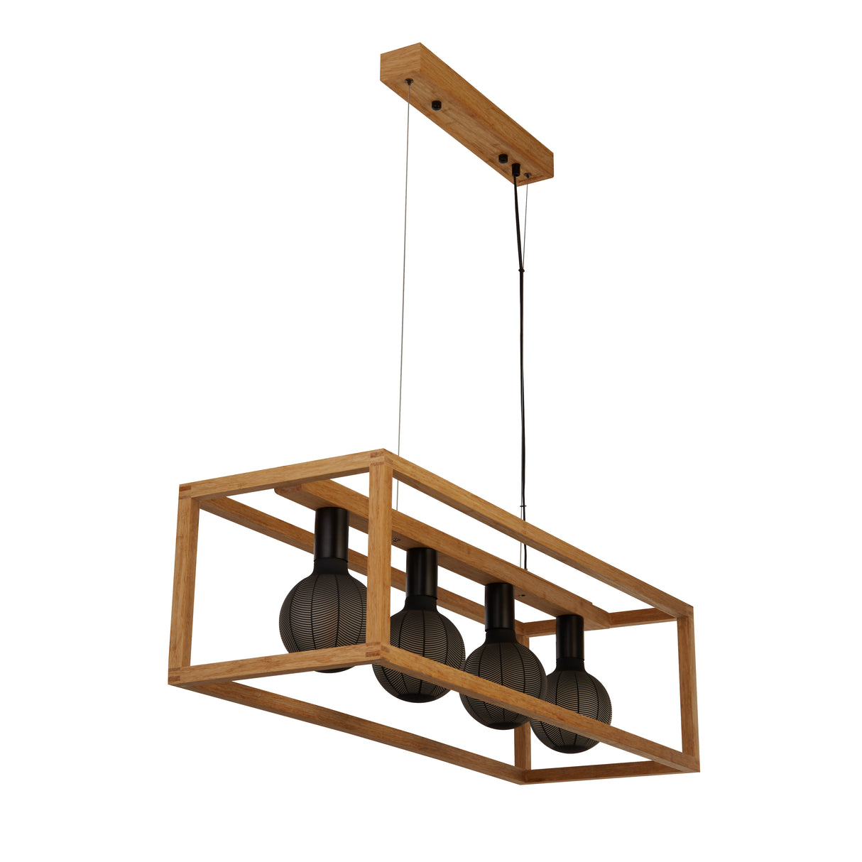 Searchlight Electric Square  4Lt Pendant  - Natural Wood & Black Metal 54741-4NA