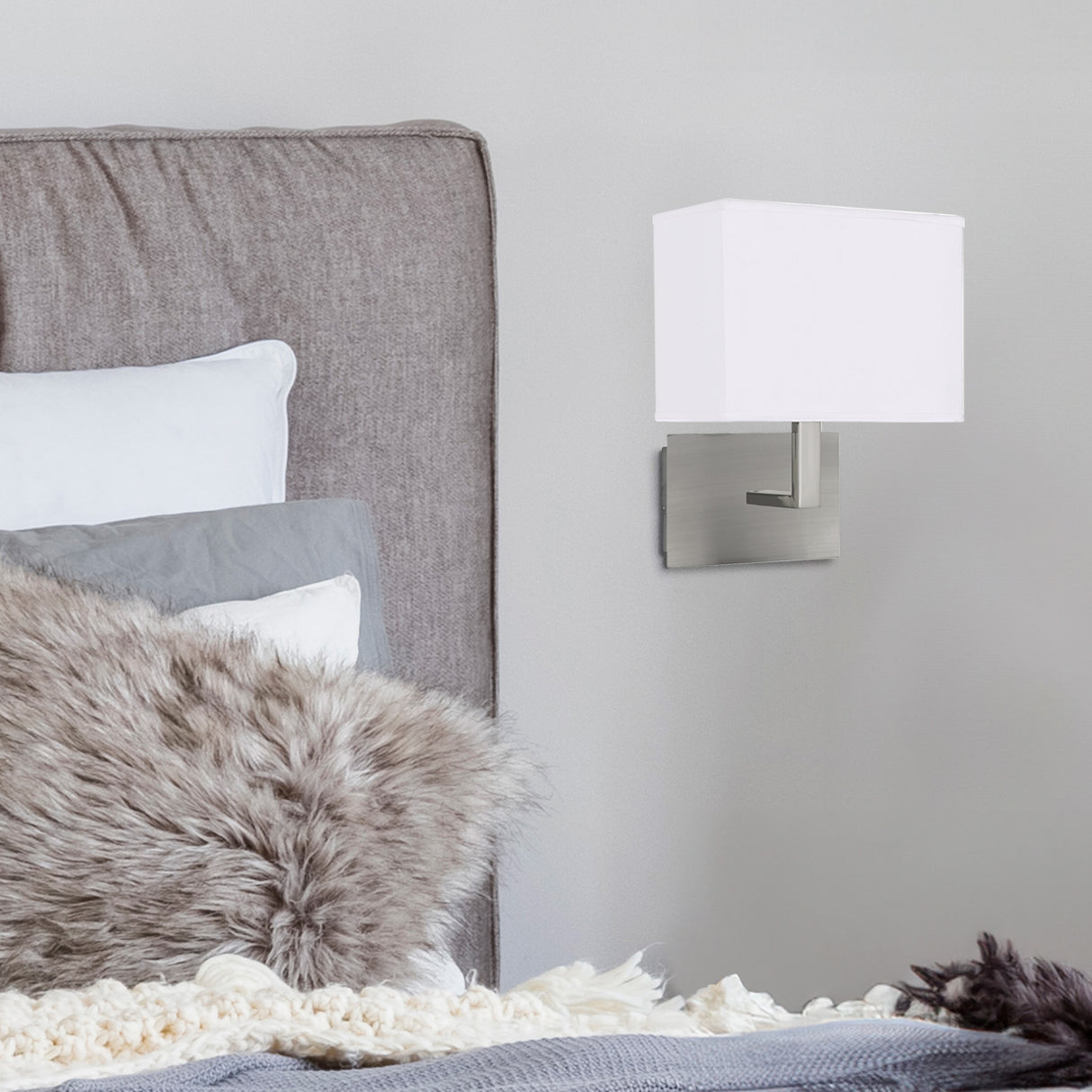 Searchlight Electric Hotel  Wall Light  - Satin Silver Metal & White Fabric Shade 5519SS
