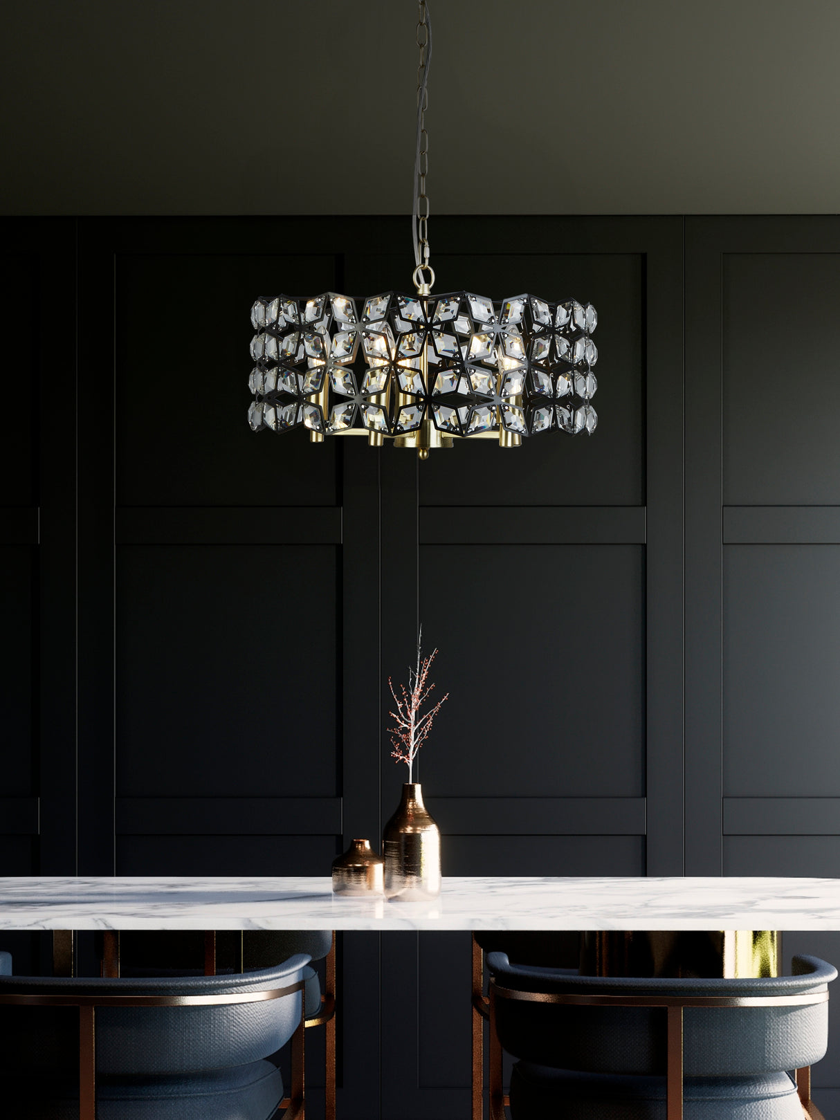 Searchlight Electric Iris 5Lt 48cm Round Pendant - Black Metal, Crystal & Brass 59811-5BSB