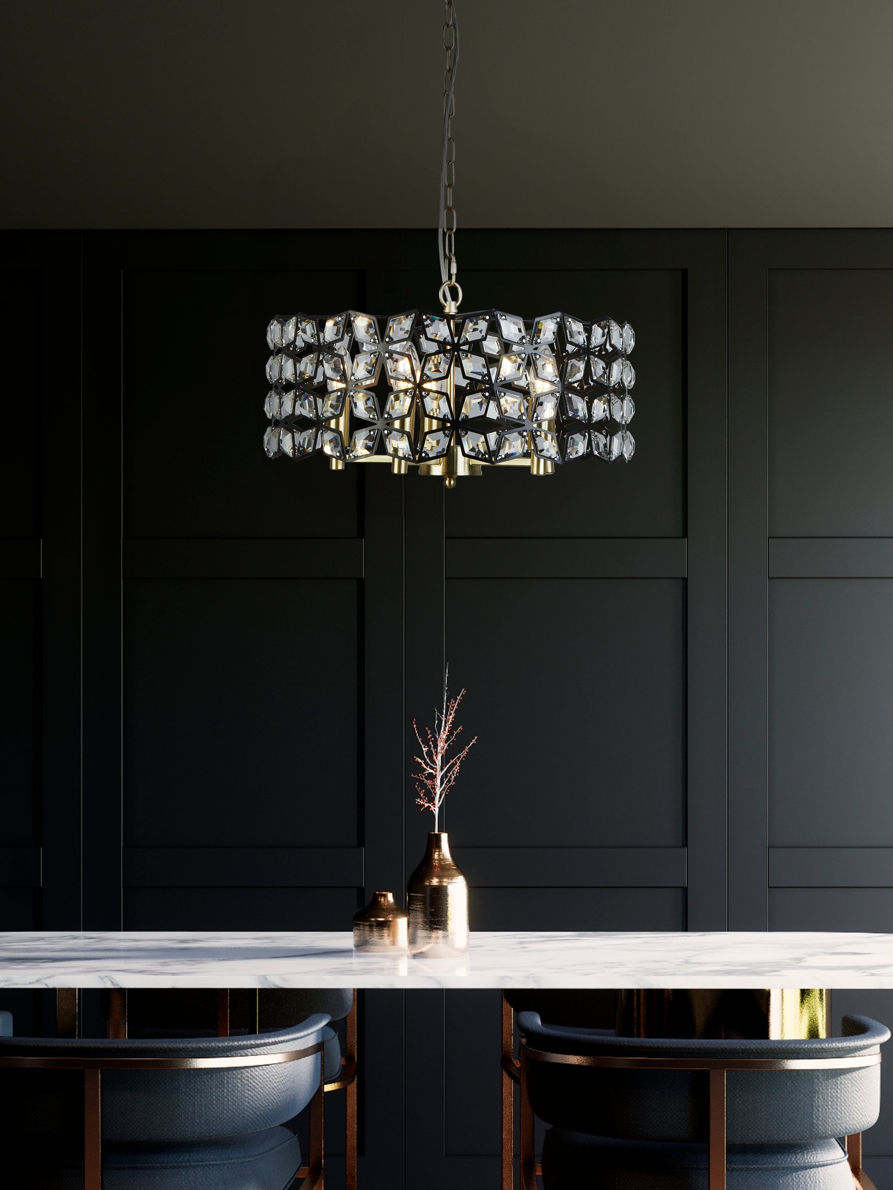 Searchlight Electric Iris 5Lt 48cm Round Pendant - Black Metal, Crystal & Brass 59811-5BSB