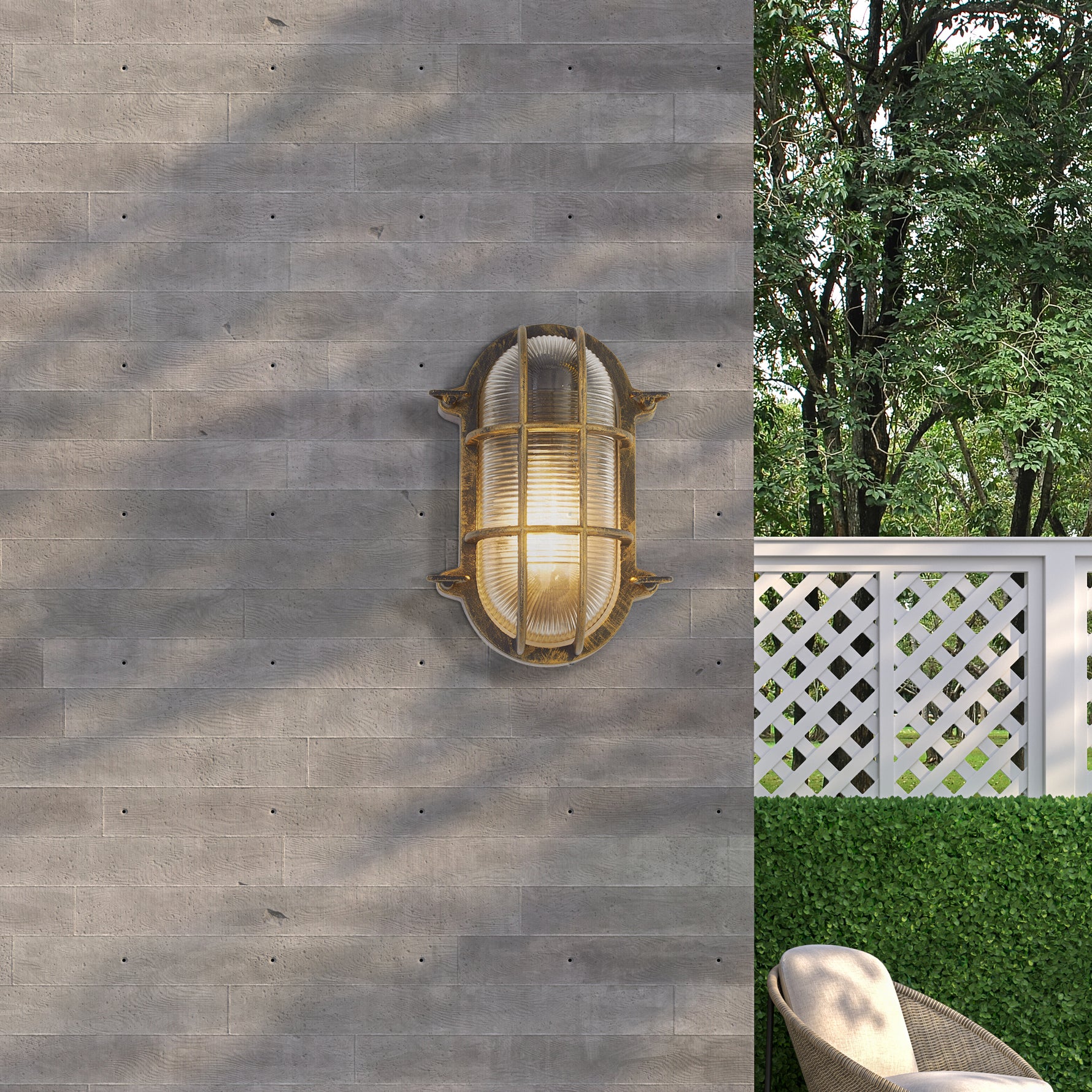 Searchlight Electric Bulkhead Oval Outdoor Light - Black Gold Metal & Clear Glass 61402BG