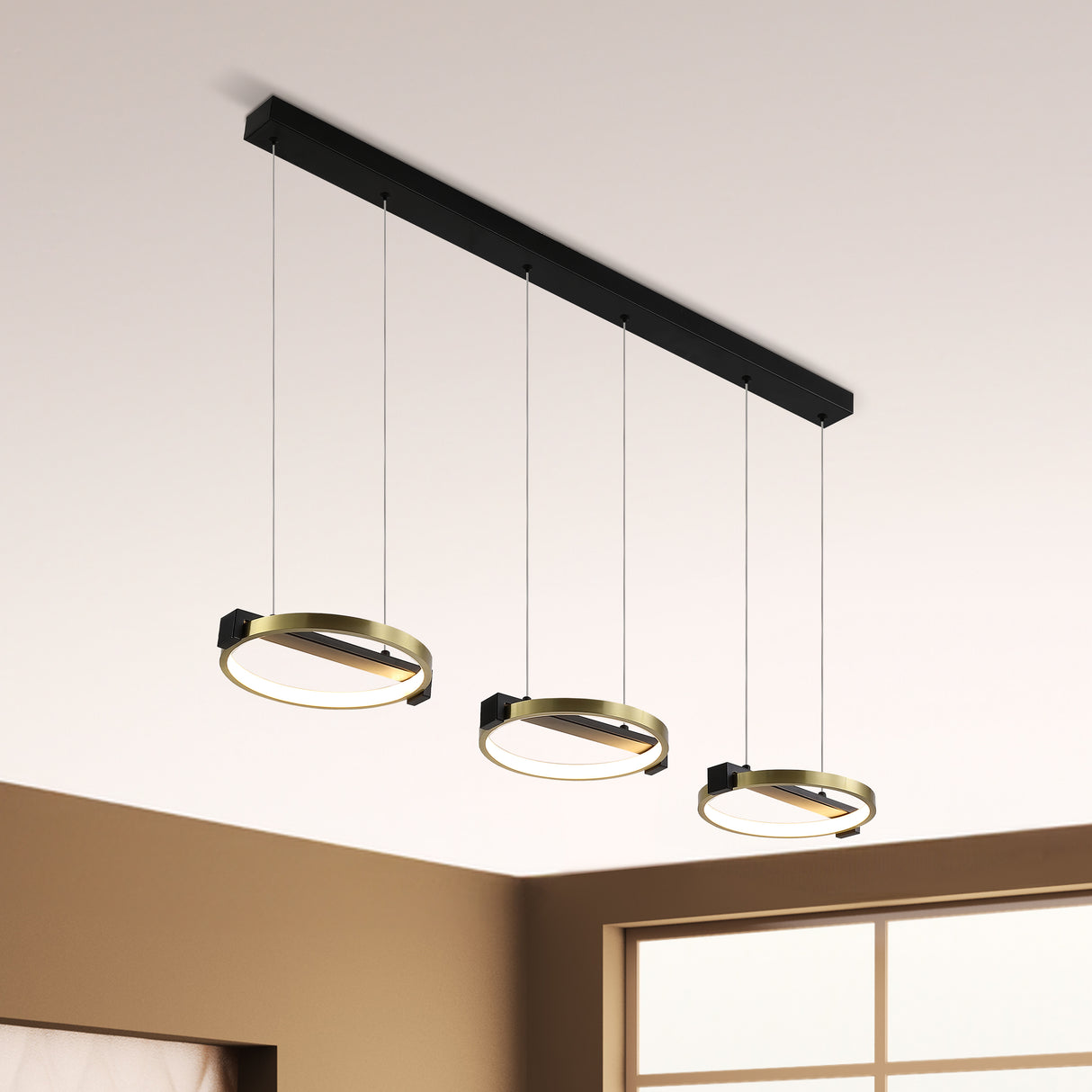 Searchlight Electric Aerial 3Lt LED Bar Pendant, Gold and Black Metal 62330-3GO