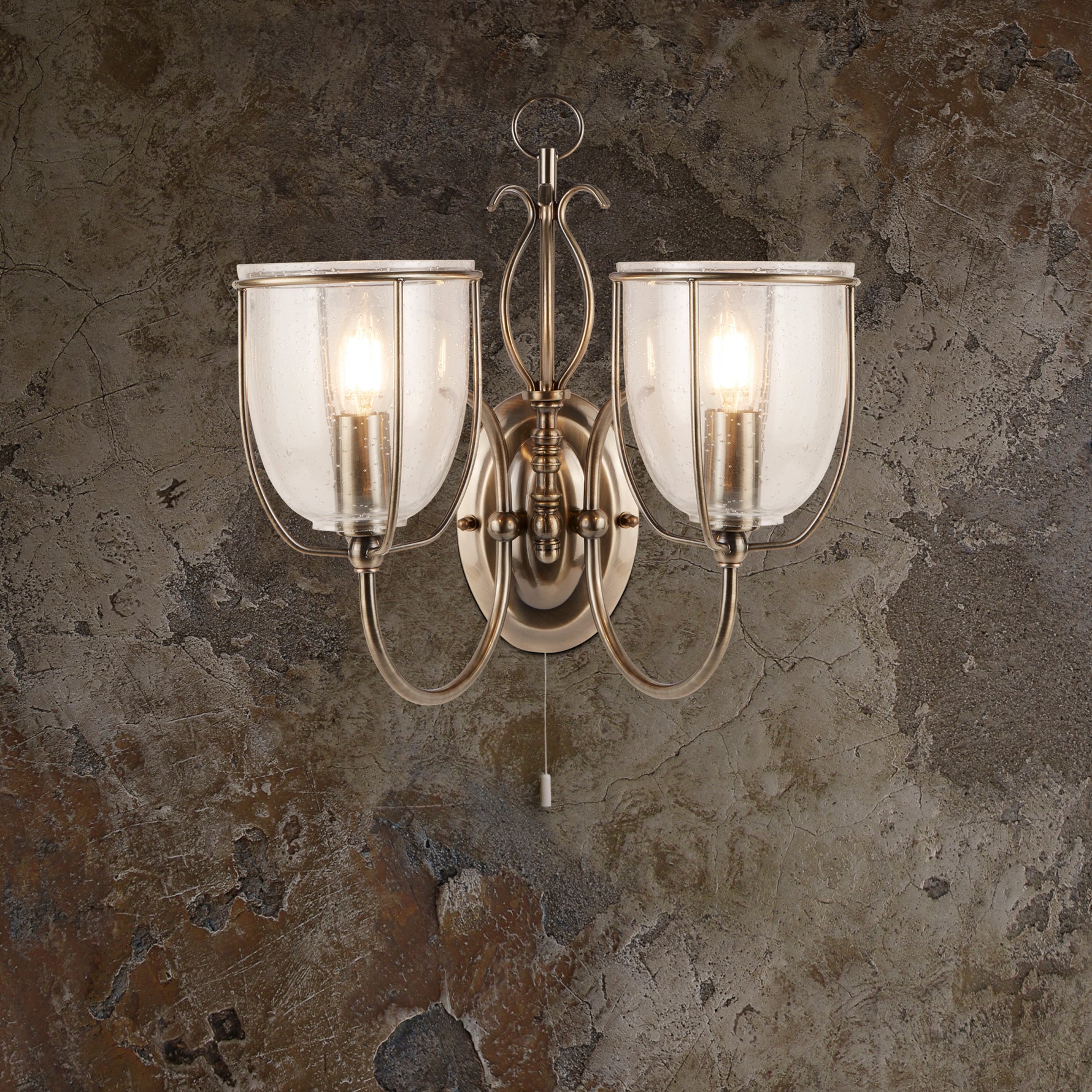 Searchlight Electric Silhouette 2Lt Wall Light - Antique Brass & Seeded Glass 6352-2AB