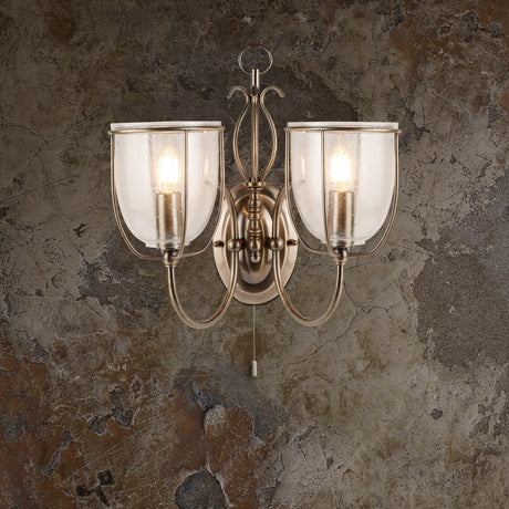 Searchlight Electric Silhouette 2Lt Wall Light - Antique Brass & Seeded Glass 6352-2AB