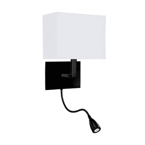 Searchlight Electric Hotel Wall Light - Matt Black Metal & White Fabric Shade 6519BK