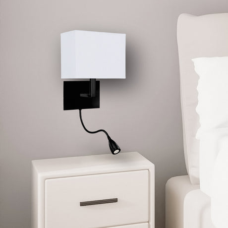 Searchlight Electric Hotel Wall Light - Matt Black Metal & White Fabric Shade 6519BK