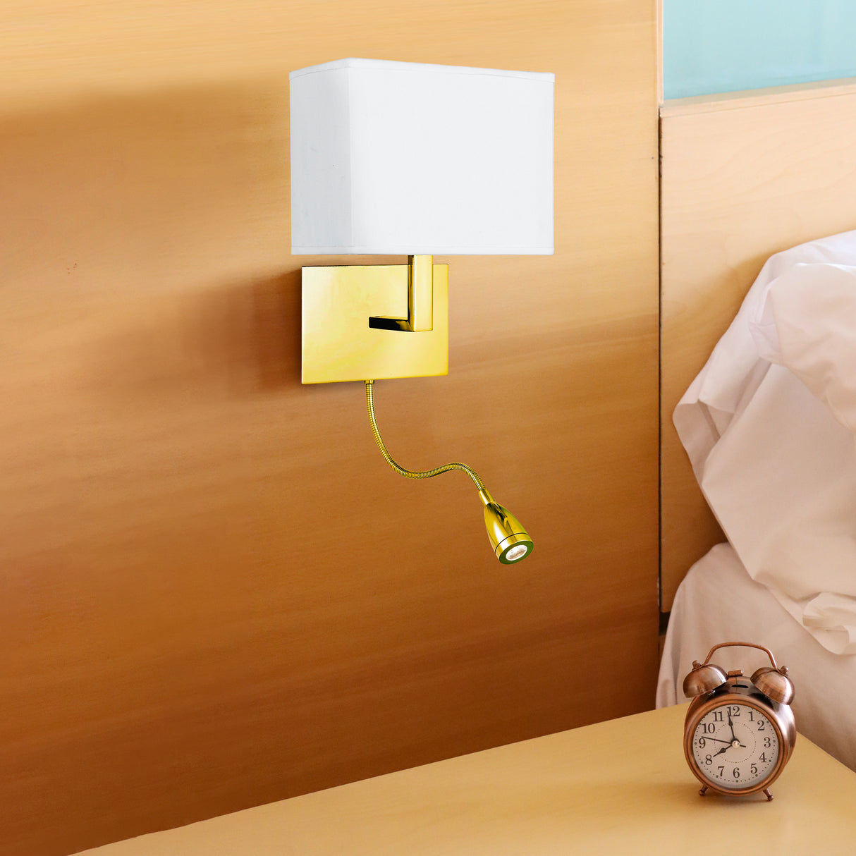 Searchlight Electric Hotel Wall Light- Satin Brass Metal & White Fabric Shade 6519SB