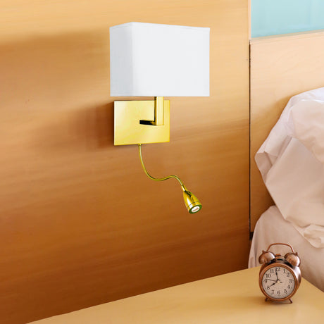 Searchlight Electric Hotel Wall Light- Satin Brass Metal & White Fabric Shade 6519SB