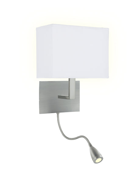 Hotel Wall Light with LED Reading Light - Satin Silver Metal