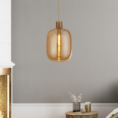 Searchlight Electric Barrel Pendant - Satin Brass & Amber Glass 68361AM