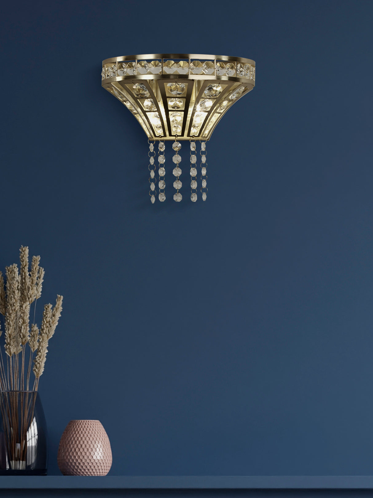Searchlight Electric Gemma 2Lt Wall Light - Satin Brass & Clear Crystal 68510-2SB