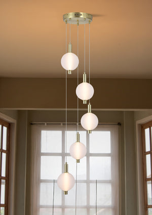Searchlight Electric Luminique LED 5Lt Pendant, Satin Brass Metal with Glass 69410-5SB