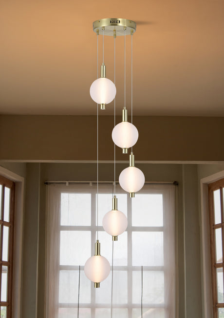 Searchlight Electric Luminique LED 5Lt Pendant, Satin Brass Metal with Glass 69410-5SB