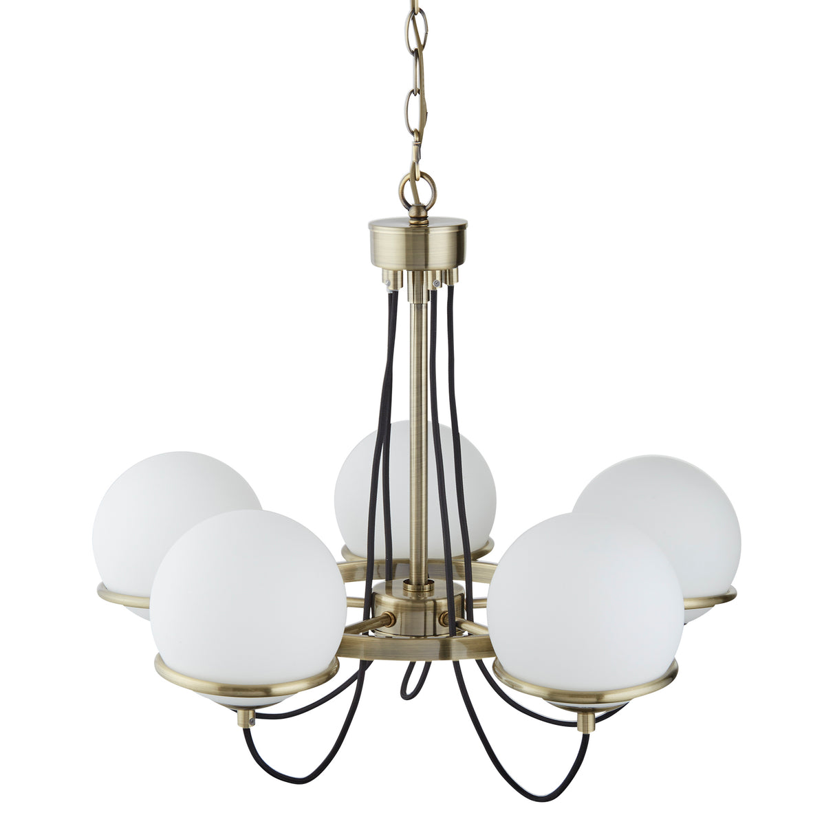 Searchlight Electric Sphere 5Lt Pendant - Antique Brass Metal & Opal Glass 7095-5AB
