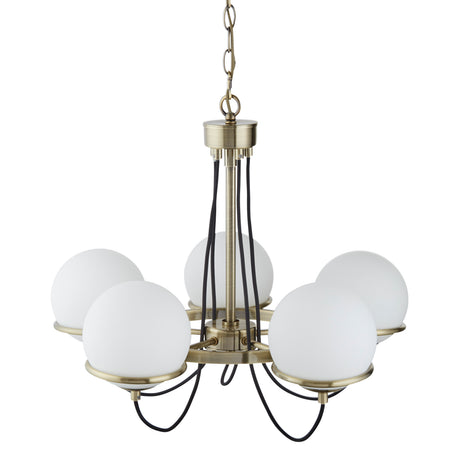 Searchlight Electric Sphere 5Lt Pendant - Antique Brass Metal & Opal Glass 7095-5AB