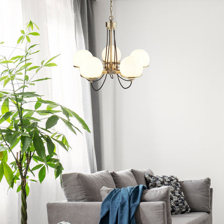 Searchlight Electric Sphere 5Lt Pendant - Antique Brass Metal & Opal Glass 7095-5AB