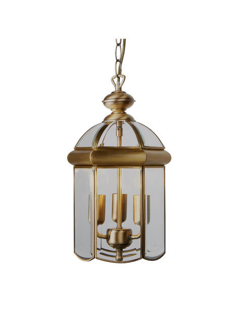 Searchlight Electric Bevelled Lantern 3Lt Pendant - Antique Brass Metal & Glass 7133AB