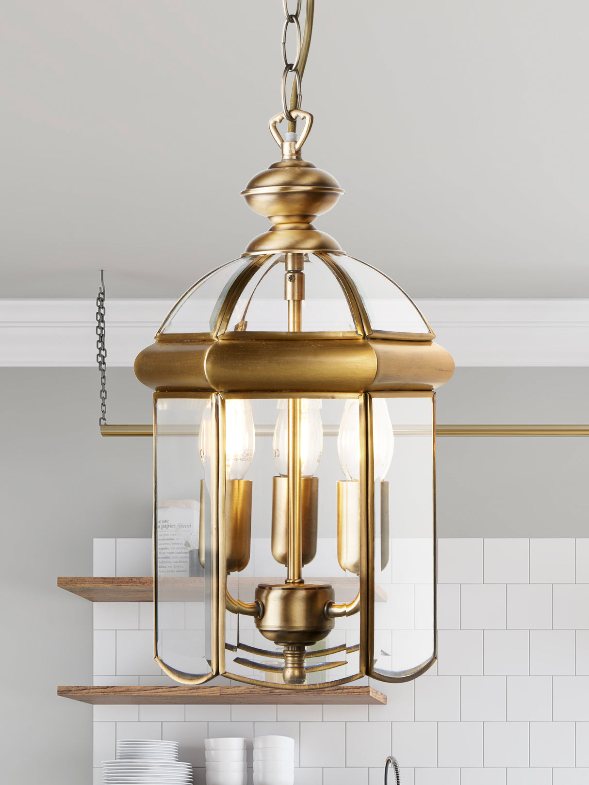 Searchlight Electric Bevelled Lantern 3Lt Pendant - Antique Brass Metal & Glass 7133AB