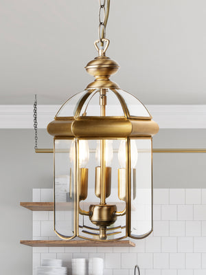 Searchlight Electric Bevelled Lantern 3Lt Pendant - Antique Brass Metal & Glass 7133AB