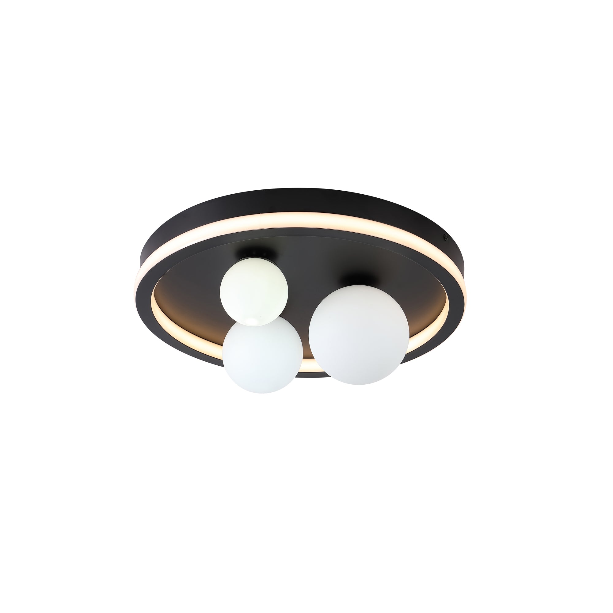 Trident 3Lt LED Flush, Black Metal and Opal Glass Balls