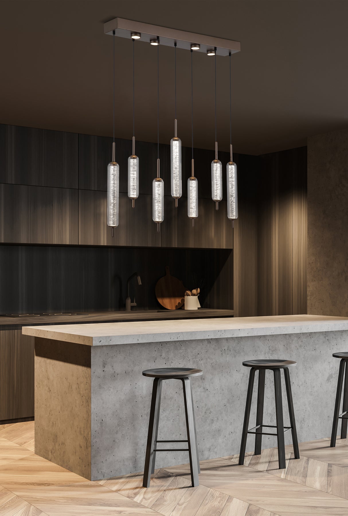 Searchlight Electric Cattail 7Lt LED Pendant lamp Latte metal with clear glass 76210-7CL