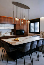 Searchlight Electric Lyon 8Lt Pendant, Latte Metal and Amber Glass 76318-8LT